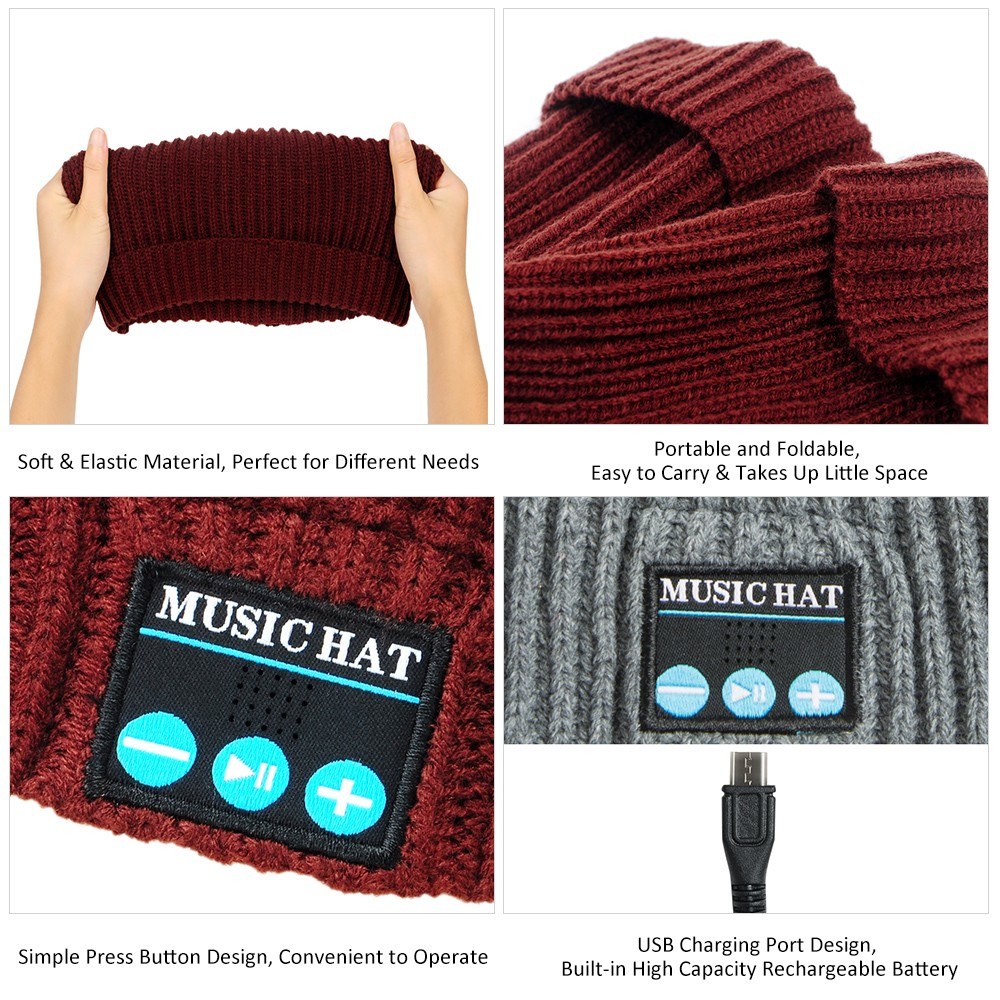 MZ013 BT5.0 Connected Music Knitted Cocky Hat One-click Answering/ Hanging up Built-in Microphone 200mAh High Capacity Rechargeable Batter-y Brown for Adult One Size