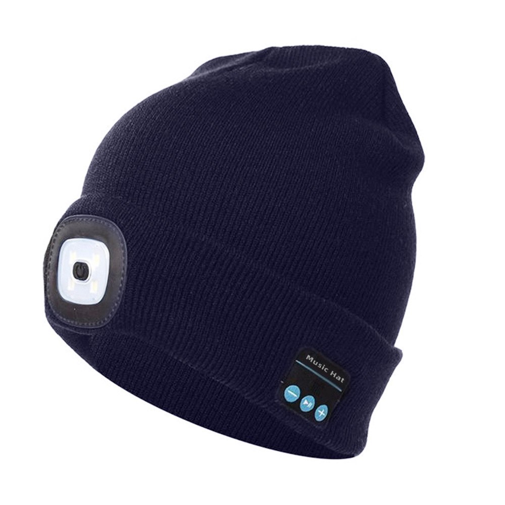 Unisex Kintted Hat Built-in 4Pcs Led Lights BT5.0 Knit Cap Autumn Winter Warm Beanie Cap for Outdoor Cycling Fishing Camping