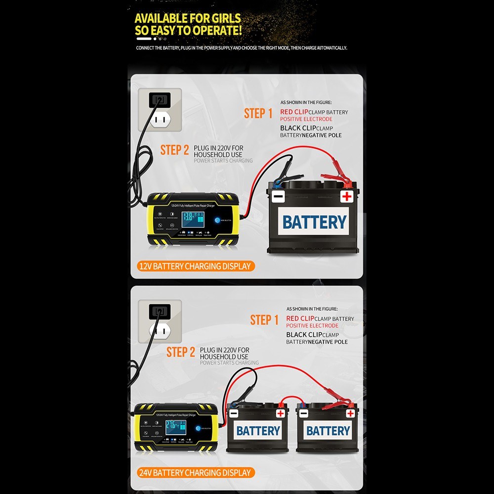 12V 24V Pulse Repairing Charger with LCD Display Motorcycle & Car Battery Charger AGM GEL WET Lead Acid   Battery Charger