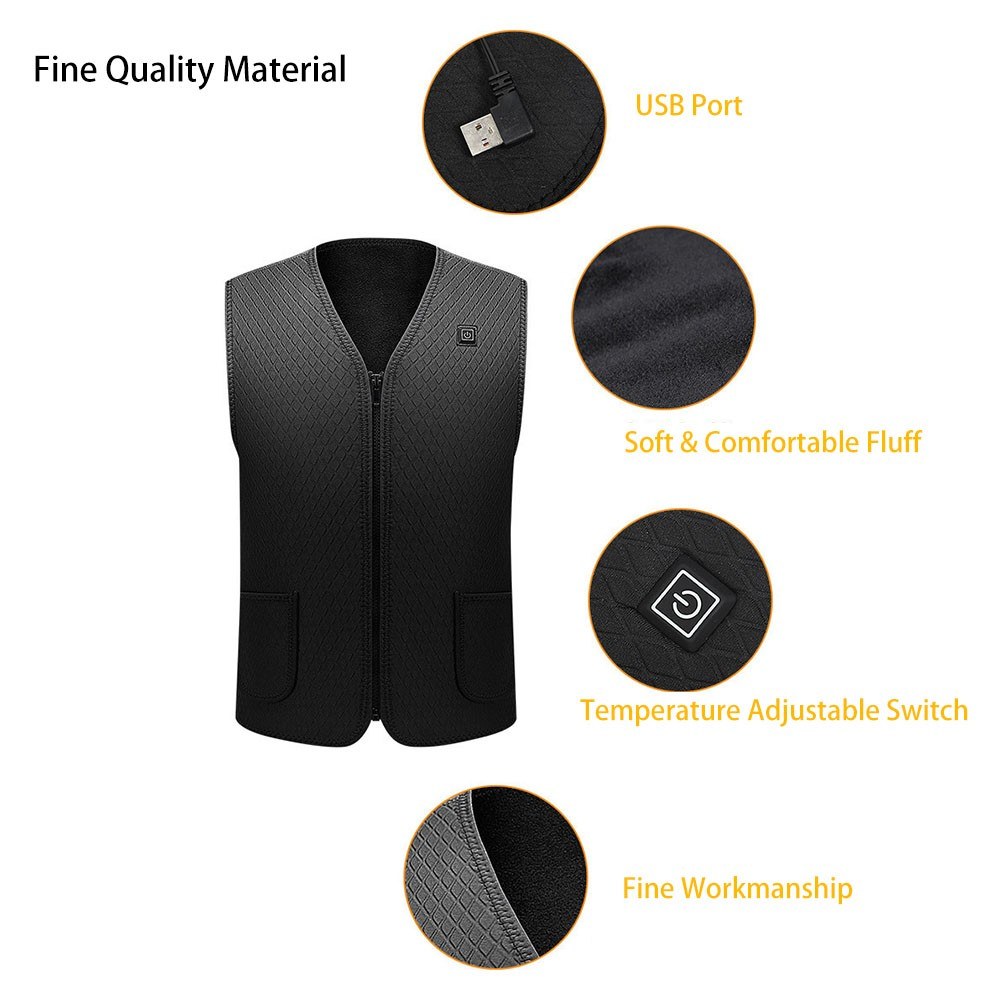 Electric Heated Vest Temperature Adjustable Winter Warm USB Heating Clothes Waistcoat for Women Men Outdoor Hiking Fishing Camping