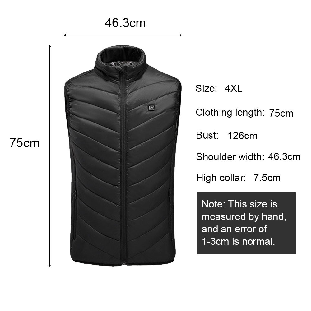 Heating Vest Warmer Thermal Waistcoat USB Powered Operated 3 Levels Adjustable Temperature High Collar Zipper Design 4XL Size Black