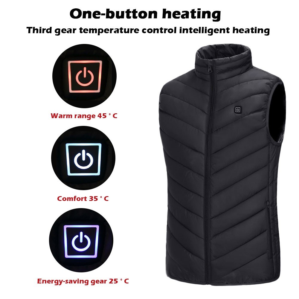 Heating Vest Warmer Thermal Waistcoat USB Powered Operated 3 Levels Adjustable Temperature High Collar Zipper Design L Size Black