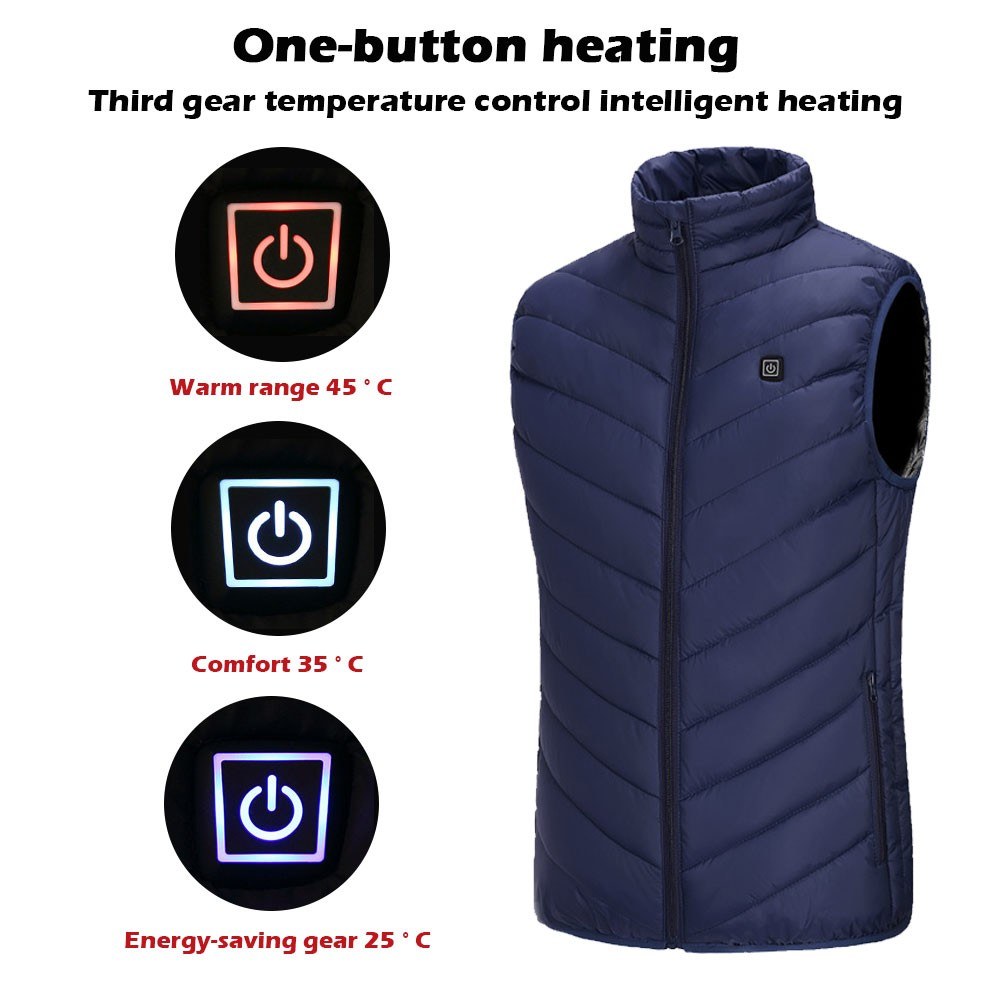 Heating Vest Warmer Thermal Waistcoat USB Powered Operated 3 Levels Adjustable Temperature High Collar Zipper Design 3XL Size Dark Blue