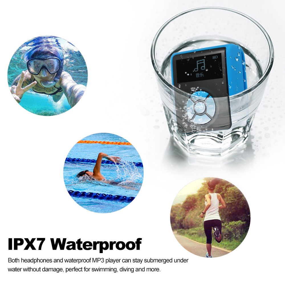 IPX7 Waterproof MP3 Player 8GB Music Player with Headphones FM Radio for Swimming Running Diving Support Pedometer