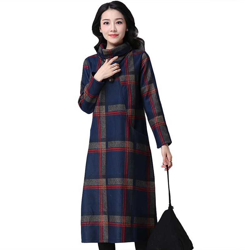 Women Dress Plaid Checked Print High Neck Long Sleeve Side Pocket Gown Autumn Winter Elegant One-Piece