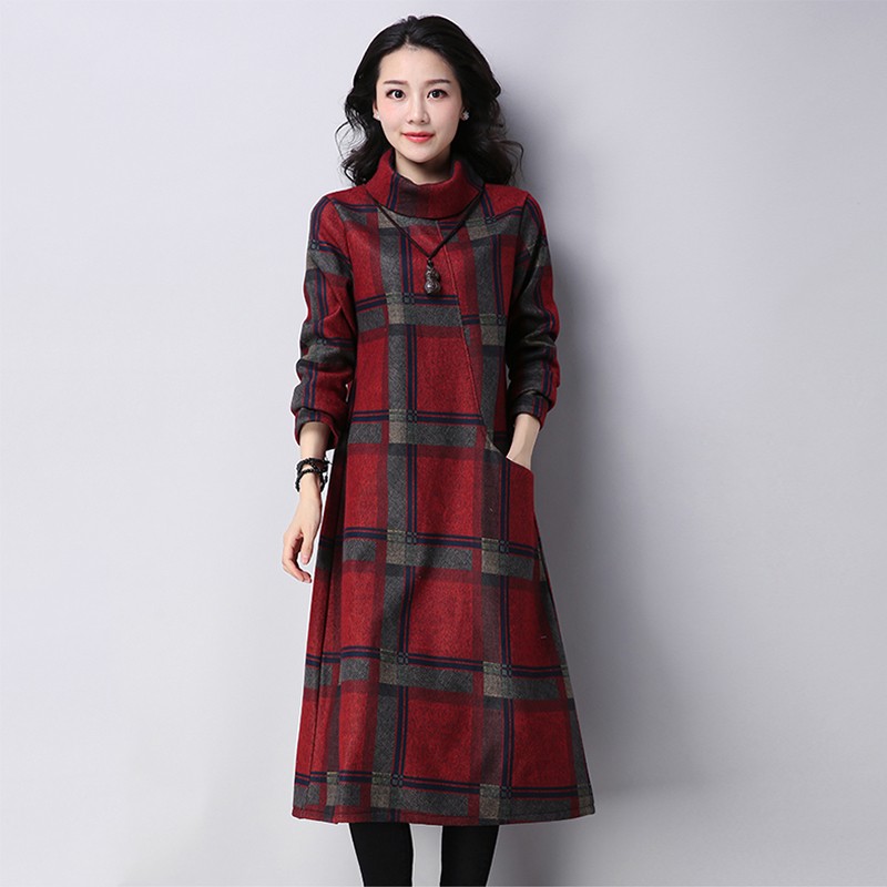 Women Dress Plaid Checked Print High Neck Long Sleeve Side Pocket Gown Autumn Winter Elegant One-Piece