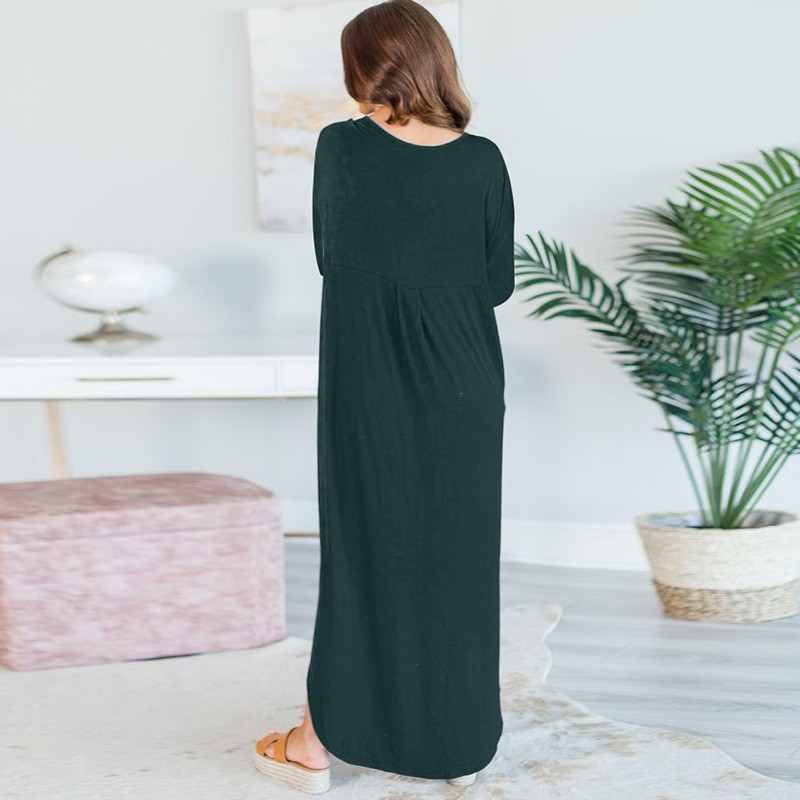 Women Loose Long Dress V Neck Slit Side Solid Shift Dress Vintage Boho Robe Casual Maxi Dress