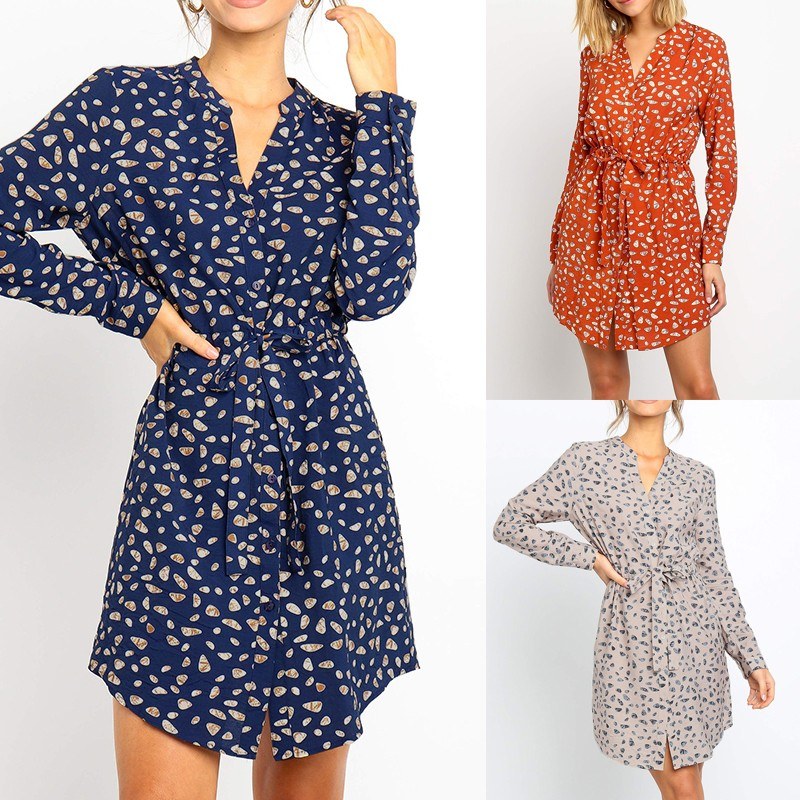 Women Chiffon Shirt Dress Colorfu Geometric Printed V Neckline Long Sleeve High Waist Tied Bandage Elegant OL Wear