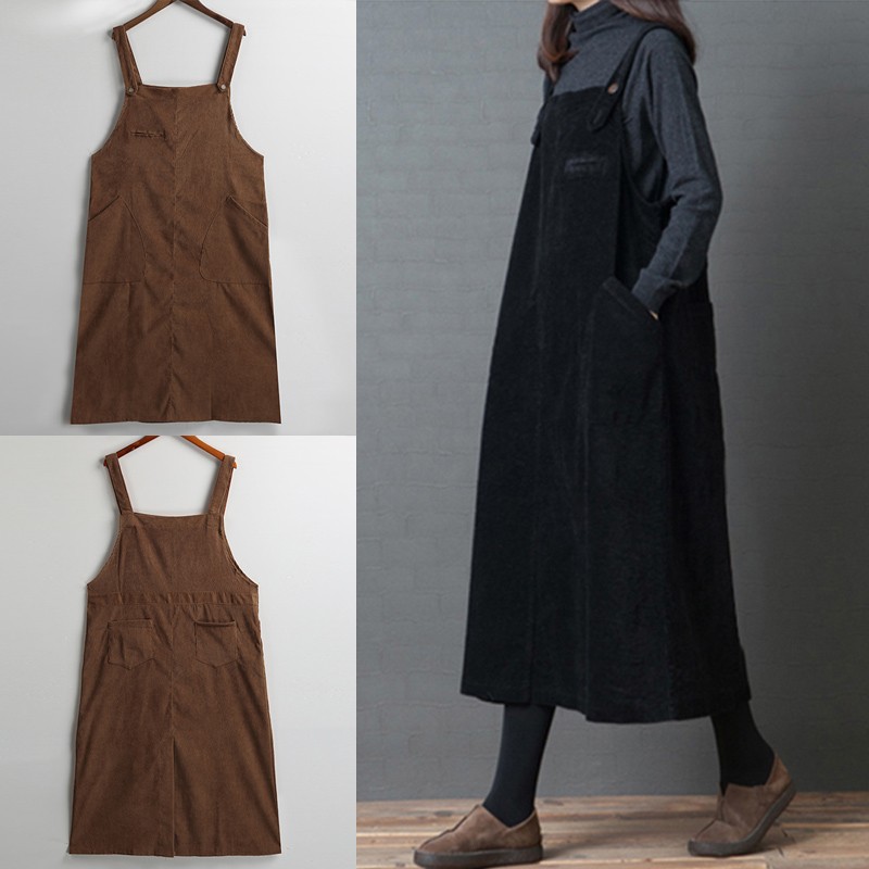 New Fashion Women Corduroy Vintage Dress Pocket Casual Strap Autumn Winter Loose Vest Overall Dress Black/Coffee