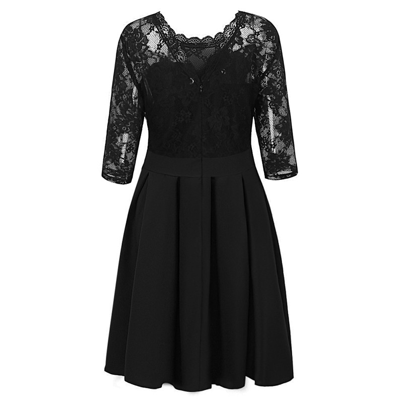 New Summer Women Sheer Lace Panel Dress O-neck 3/4 Sleeve Zipper Ruffle Hem Elegant Solid Evening Midi Dress