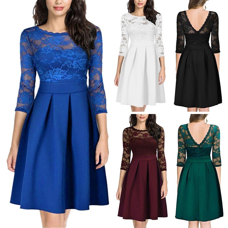 New Summer Women Sheer Lace Panel Dress O-neck 3/4 Sleeve Zipper Ruffle Hem Elegant Solid Evening Midi Dress