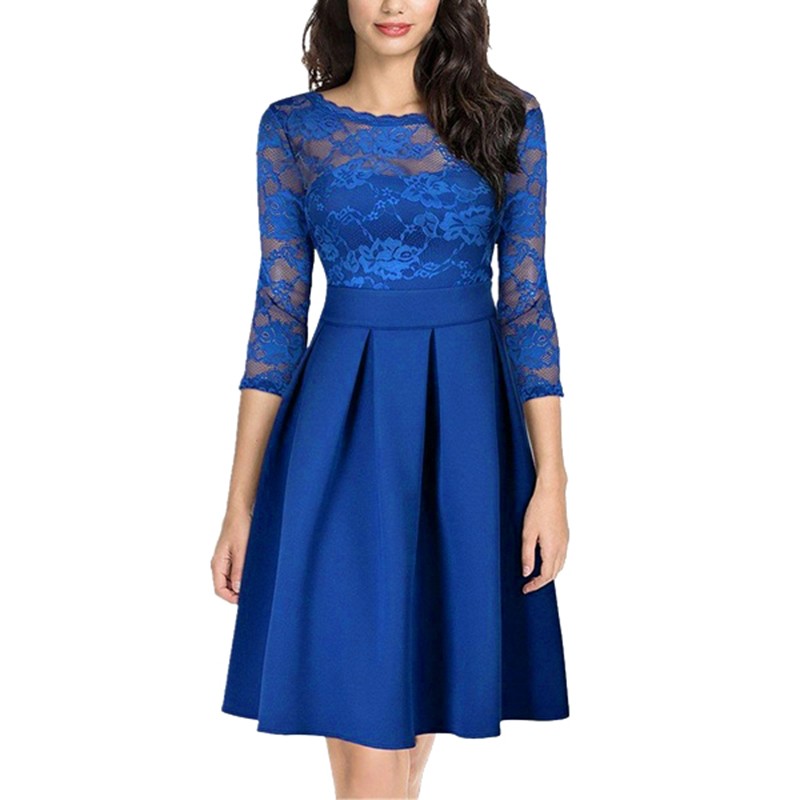 New Summer Women Sheer Lace Panel Dress O-neck 3/4 Sleeve Zipper Ruffle Hem Elegant Solid Evening Midi Dress