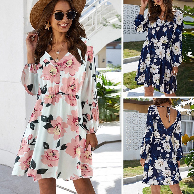 Sexy Women Dress Floral Print V Neck Long Sleeves Backless Self-tie Elastic Waist Ruffle Beach Casual Mini Dress Dark Blue/Pink