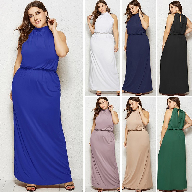 Women Plus Size Maxi Long Dress Elegant Turtleneck Sleeveless High Waist Solid Evening Party Gowns Casual Dress