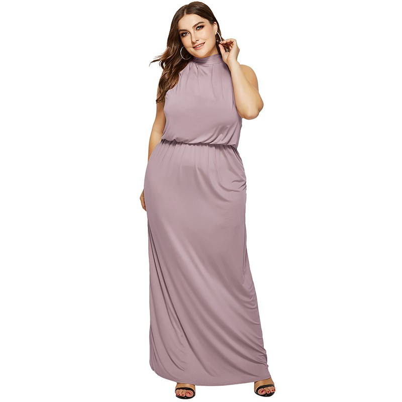 Women Plus Size Maxi Long Dress Elegant Turtleneck Sleeveless High Waist Solid Evening Party Gowns Casual Dress