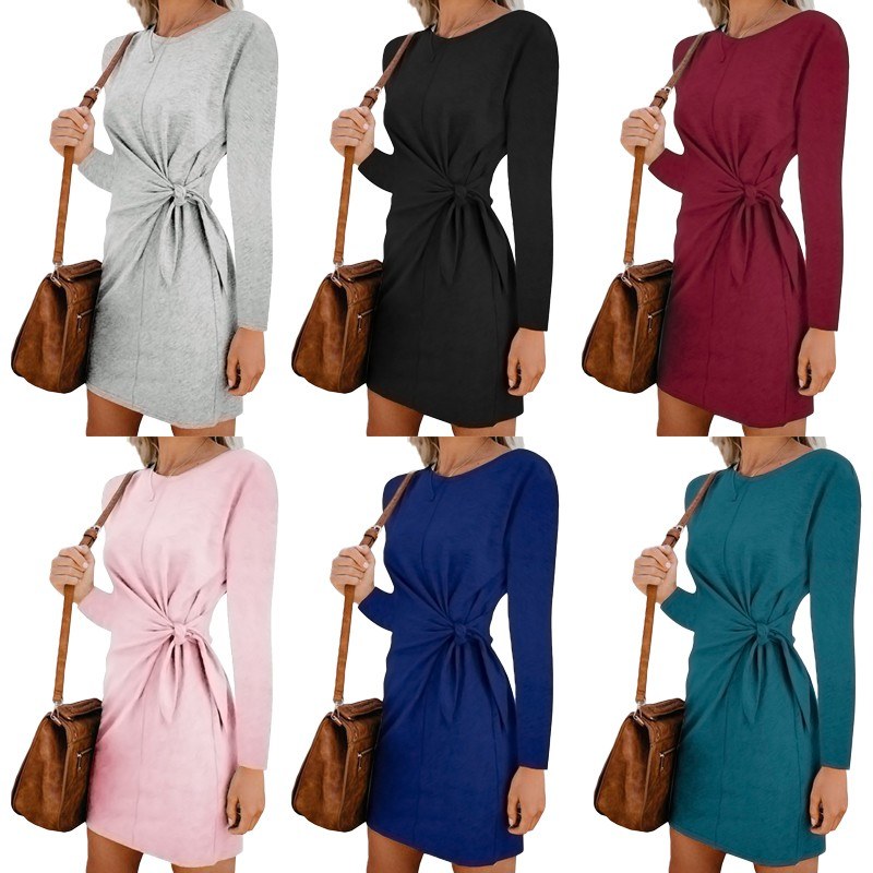 Fashion Women Solid Long Sleeves Dress Tie Knot Waist Ruched Front O Neck Autumn Spring Casual Dress