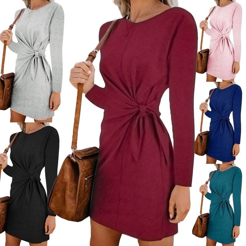 Fashion Women Solid Long Sleeves Dress Tie Knot Waist Ruched Front O Neck Autumn Spring Casual Dress