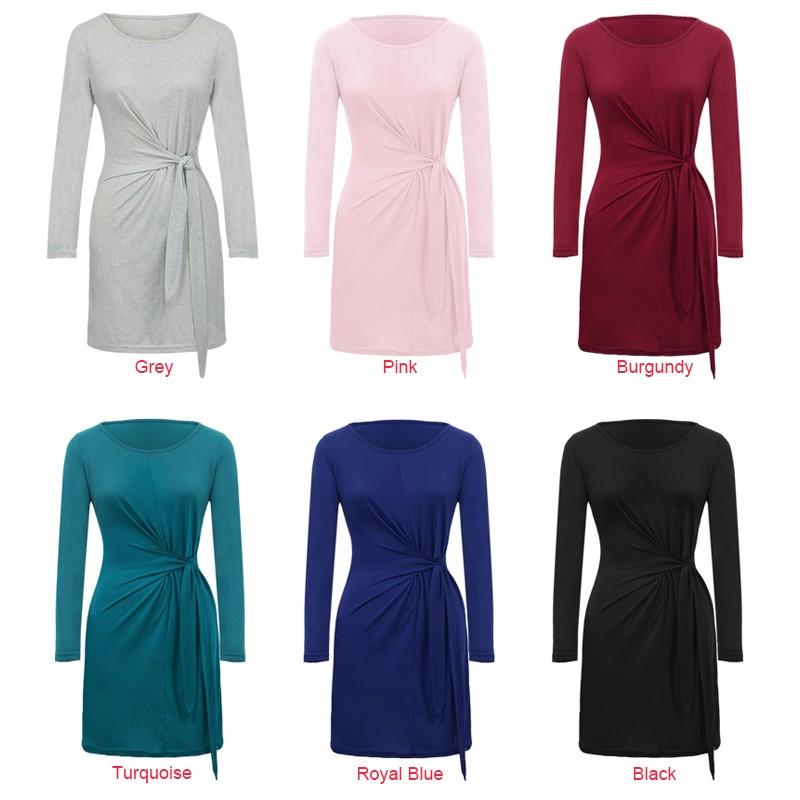 Fashion Women Solid Long Sleeves Dress Tie Knot Waist Ruched Front O Neck Autumn Spring Casual Dress