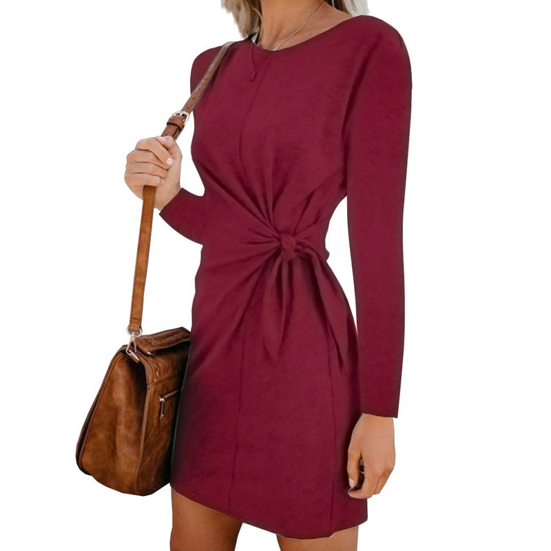 Fashion Women Solid Long Sleeves Dress Tie Knot Waist Ruched Front O Neck Autumn Spring Casual Dress