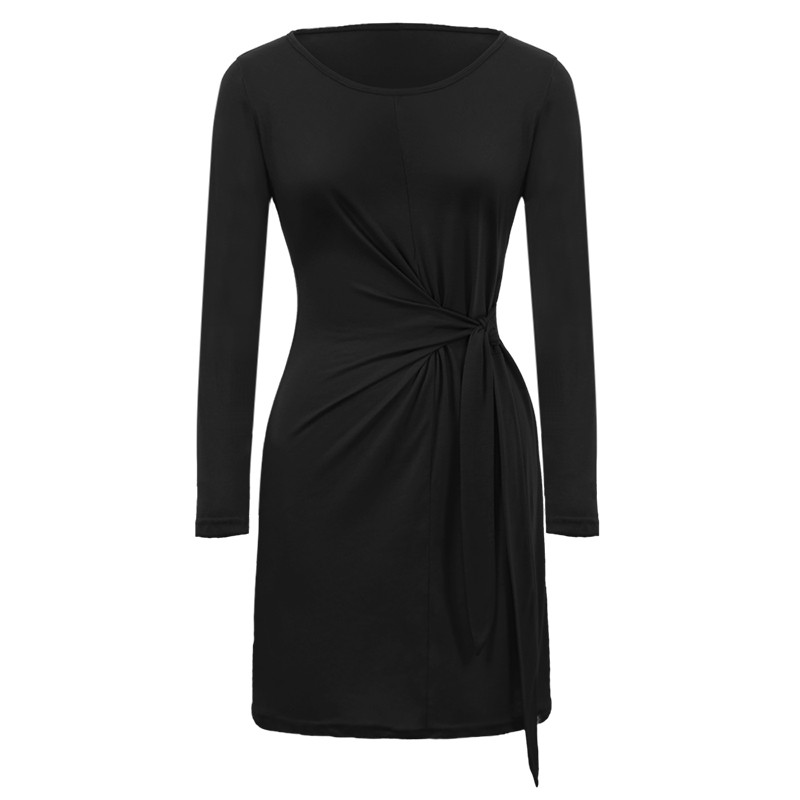 Fashion Women Solid Long Sleeves Dress Tie Knot Waist Ruched Front O Neck Autumn Spring Casual Dress