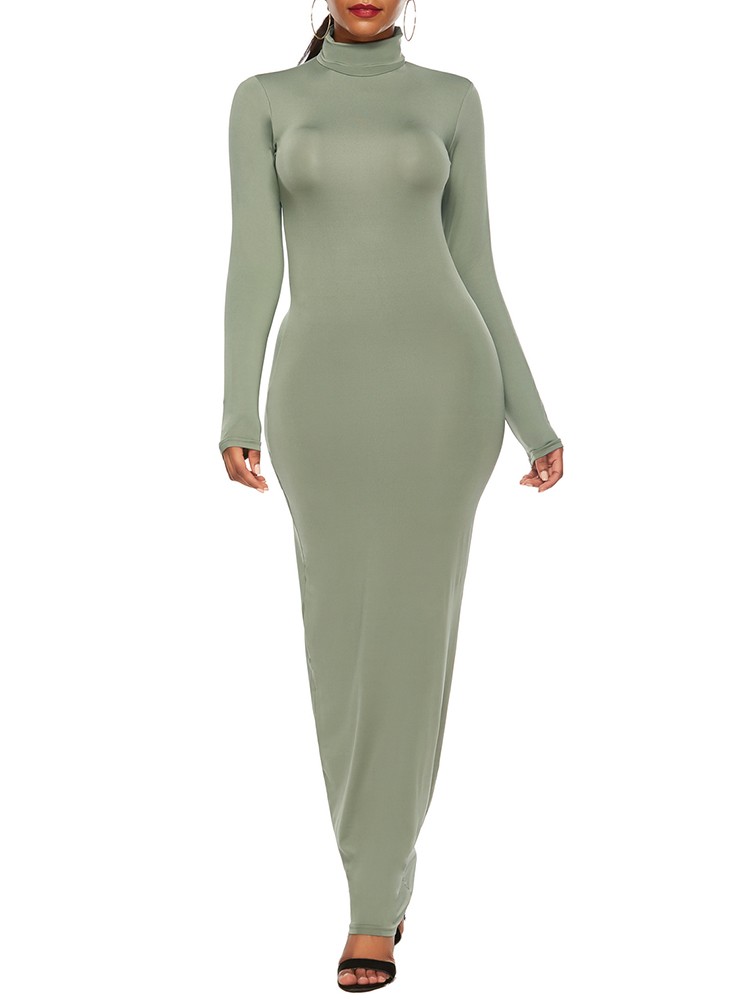 Women Plus Size Dress Stretchy Solid Color Turtleneck Long Sleeve Slim Bandage Maxi Gown Elegant One-Piece