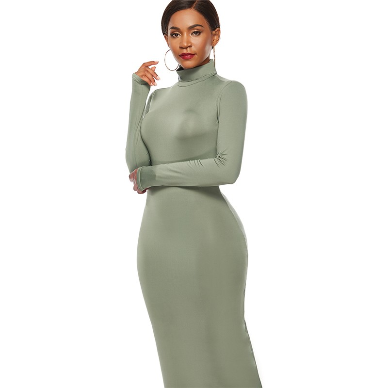 Women Plus Size Dress Stretchy Solid Color Turtleneck Long Sleeve Slim Bandage Maxi Gown Elegant One-Piece