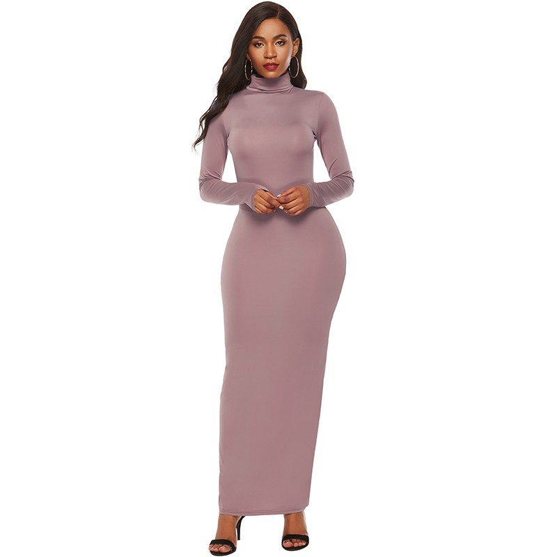 Women Plus Size Dress Stretchy Solid Color Turtleneck Long Sleeve Slim Bandage Maxi Gown Elegant One-Piece