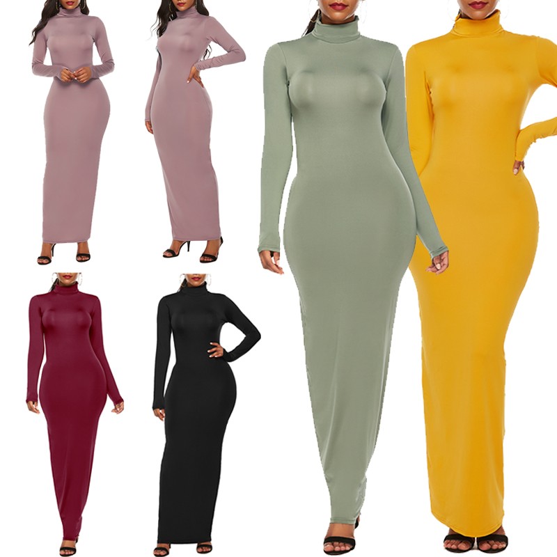 Women Plus Size Dress Stretchy Solid Color Turtleneck Long Sleeve Slim Bandage Maxi Gown Elegant One-Piece