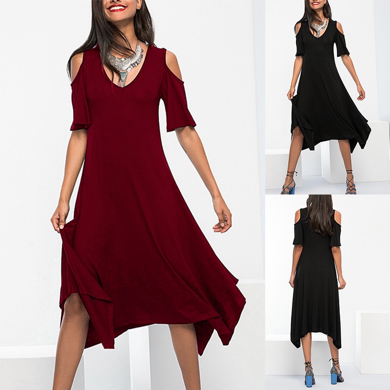 New Women Solid Midi Dress Cold Shoulder V-Neck Irregular Hem Casual Slim Summer Asymmetric Dress Black/Burgundy