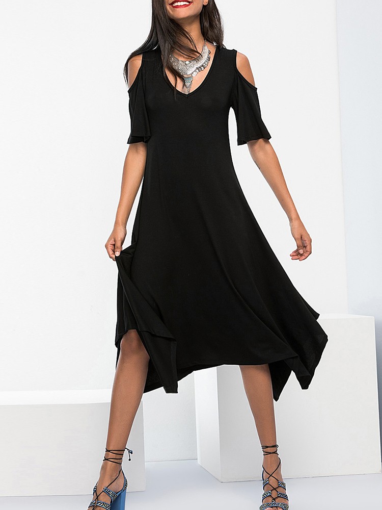 New Women Solid Midi Dress Cold Shoulder V-Neck Irregular Hem Casual Slim Summer Asymmetric Dress Black/Burgundy