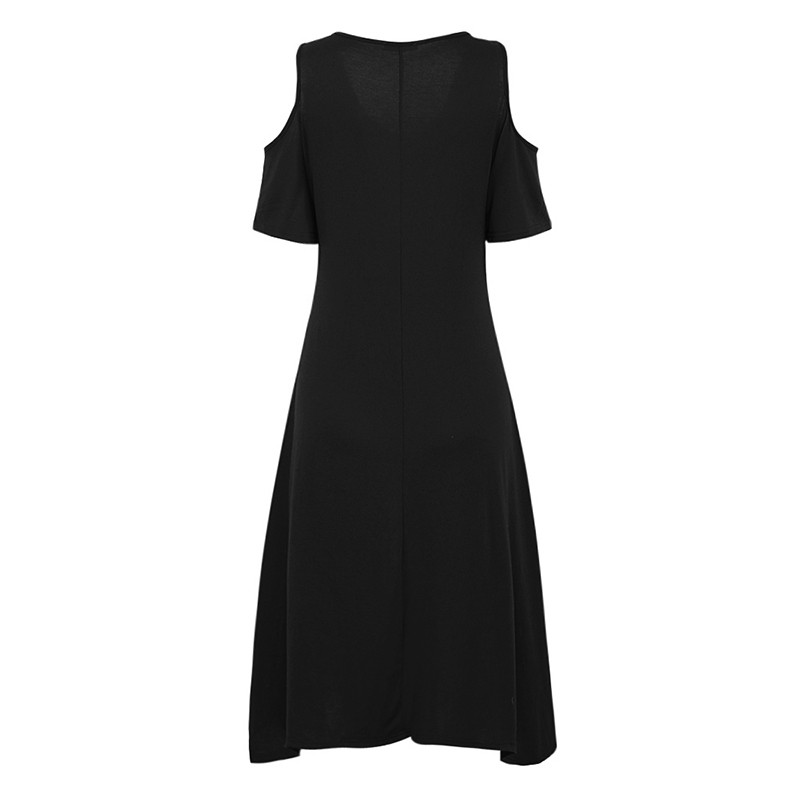 New Women Solid Midi Dress Cold Shoulder V-Neck Irregular Hem Casual Slim Summer Asymmetric Dress Black/Burgundy