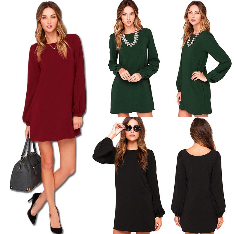 Women Chiffon Dress Solid Color Button Cuff Round Neck Long Sleeve Mini Straight Brief Elegant One-Piece