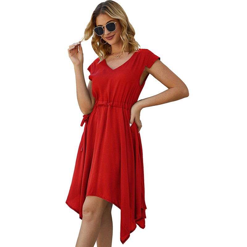 Fashion Women Irregular Dress V Neck Cap Sleeves Drawstring High Waist Asymmetrical Hem Boho Holiday Beach Casual Dress