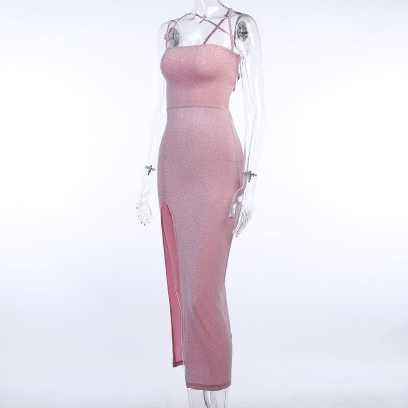 Women Glittery Metallic Dress Backless Strappy Slash Neck Slit Bodycon Party Club Casual Dress Pink