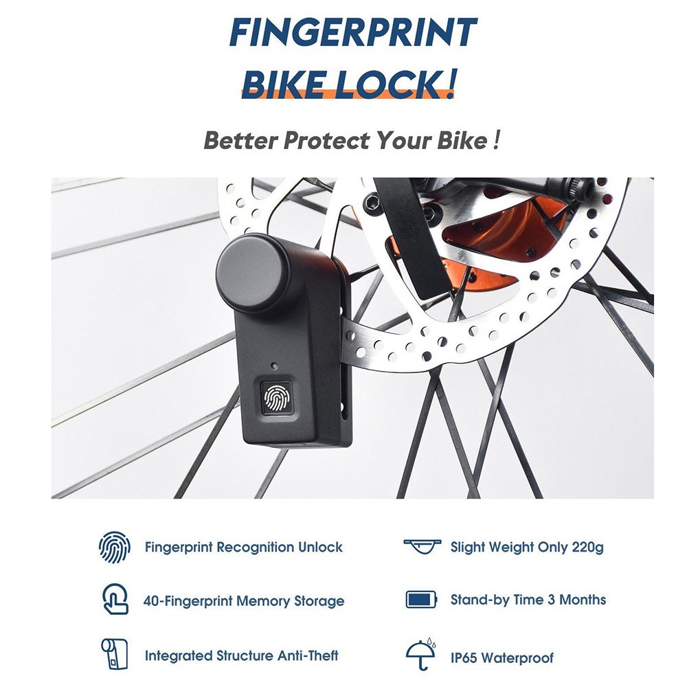 Motorcycle Scooter Bicycle Fingerprint Disc Brake Lock Security Anti-theft Fingerprint Recognition BT Connection APP Remote Control Unlock 40 Memory Storage Alarm Lock IP65 Waterproof