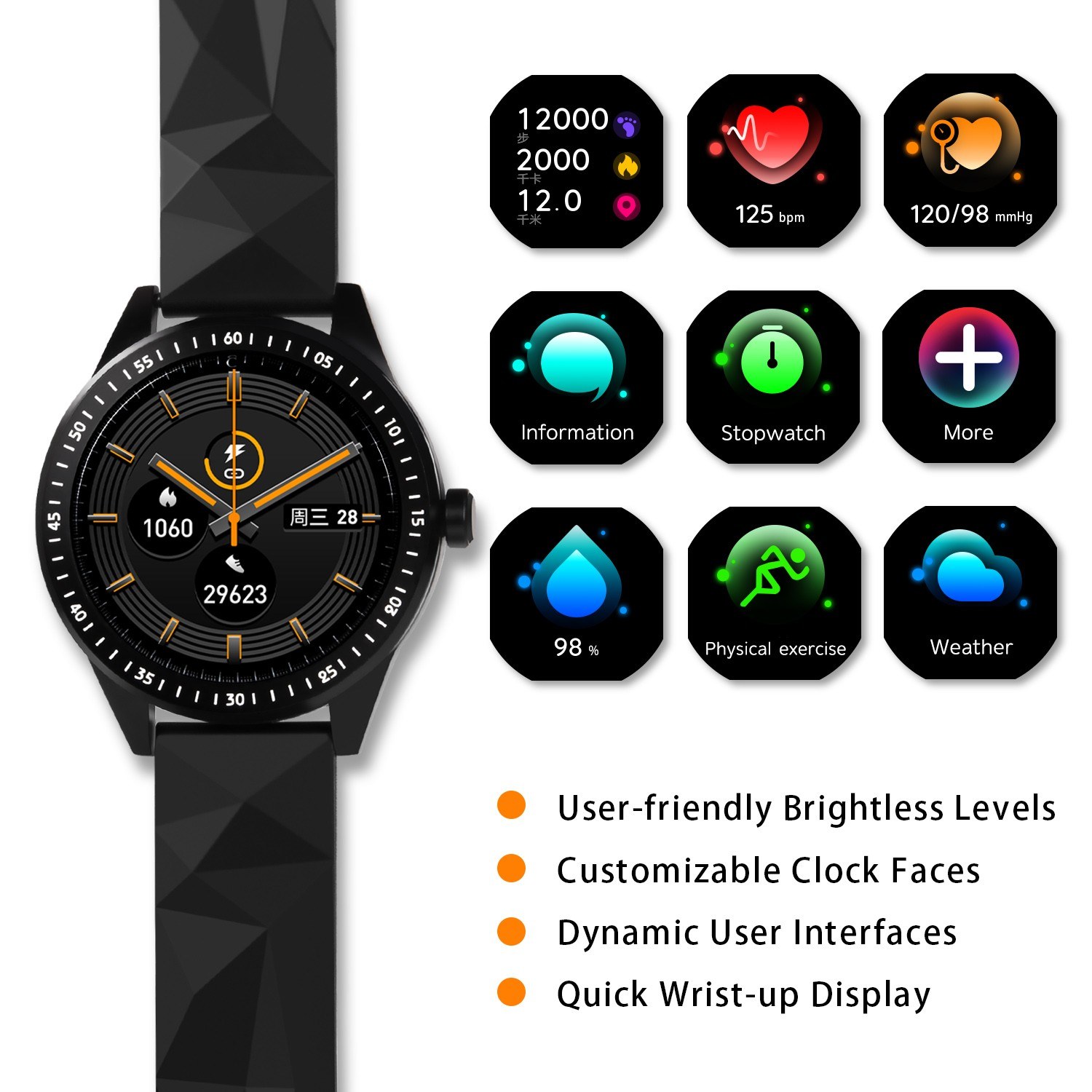 Smart Watch IP68 Waterproof Quick Wrist-up Display Fitness Tracker Touch Screen Sport Watch with Camera Sleep Monitor Notifications Do Not Disturb Two-way Lookup Multiple Sports Modes for Android iOS