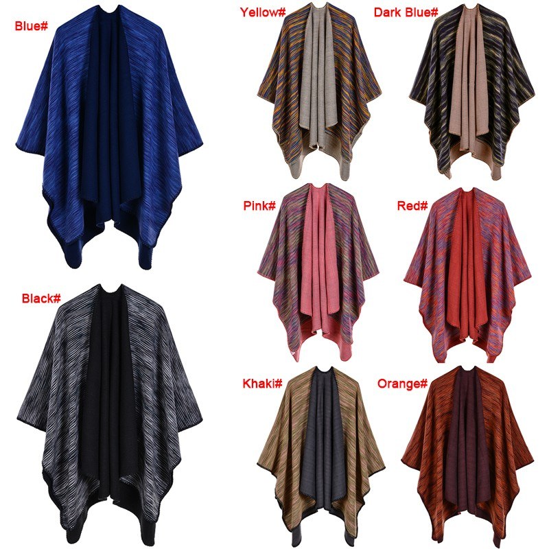 Women Poncho Scarf Cardigan Colorful Ombre Striped Warm Cape Shawl Long Scarves Pashmina Outwear