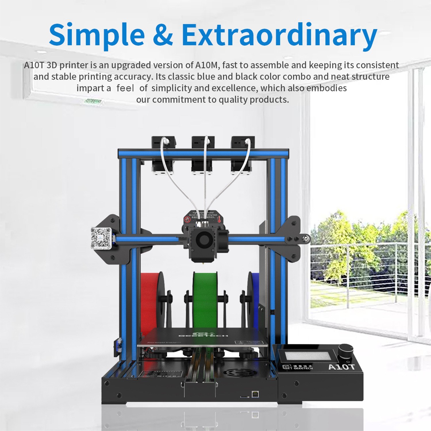 Geeetech A10T Desktop 3D Printer Fast Assembly Support Mix-Color Printing with GT2560 Control Board Resume Printing Filament Detection Function 220*220*250mm Build Volume