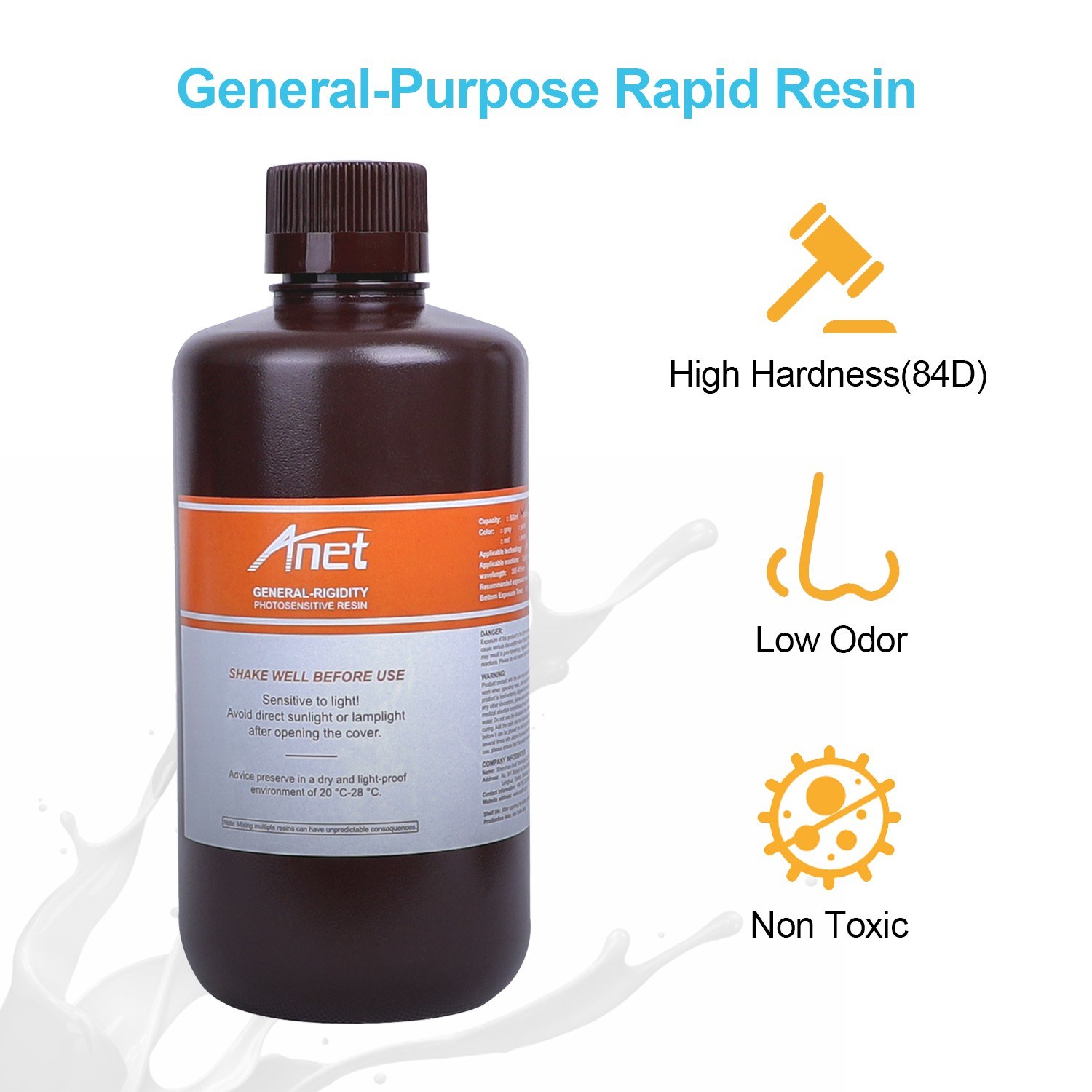 General-Purpose Rapid Resin 405nm Standard Photopolymer Curing Resin Low Odor Non-Toxic 500ml for DLP/LCD Light Curing 3D Printer