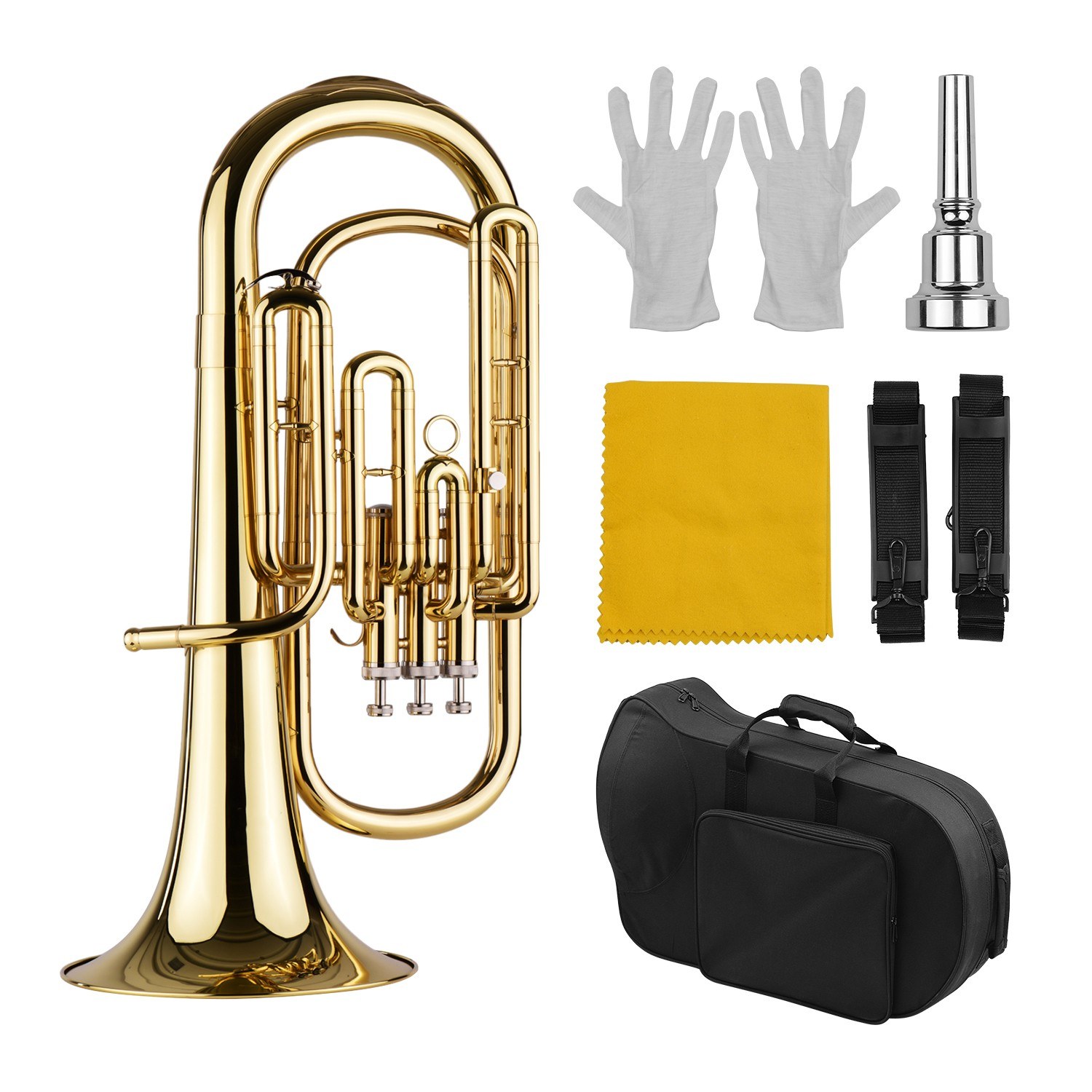 Brass B Flat Baritone Bb Wind Instrument Gold Lacquer Surface with Carry Case Mouthpiece Gloves Cleaning Cloth