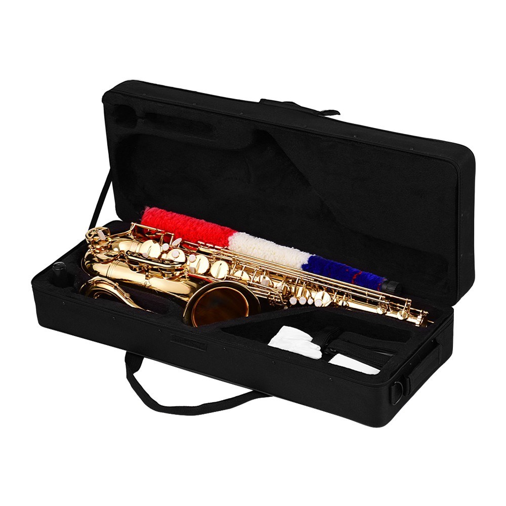 Bb Tenor Saxophone Sax Brass Body Gold Lacquered Surface Woodwind Instrument with Carry Case Gloves Cleaning Cloth Brush Sax Neck Straps