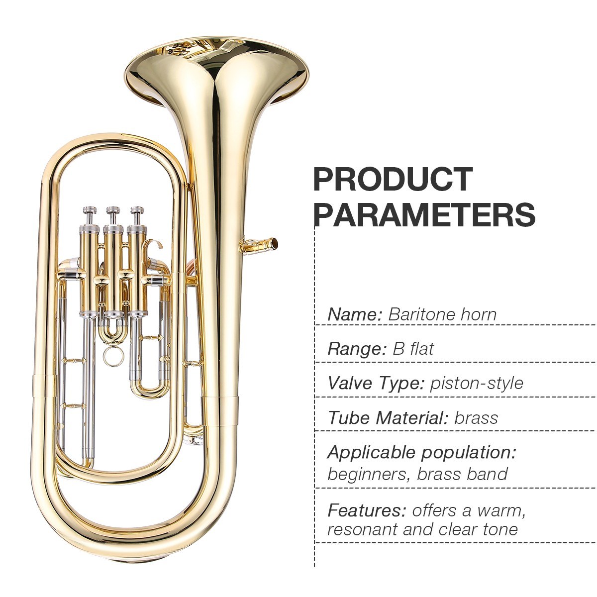 Brass B Flat Baritone Horn Bb Piston-Style Gold Lacquer Surface Wind Instrument with Mouthpiece Gloves Cleaning Cloth for Beginners Brass Band