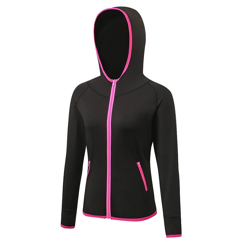 Women Hooded Sport Coat Long Sleeve Zipper Pocket Stretchy Quick Dry Yoga Jogging Fitness Gym Training Sportswear