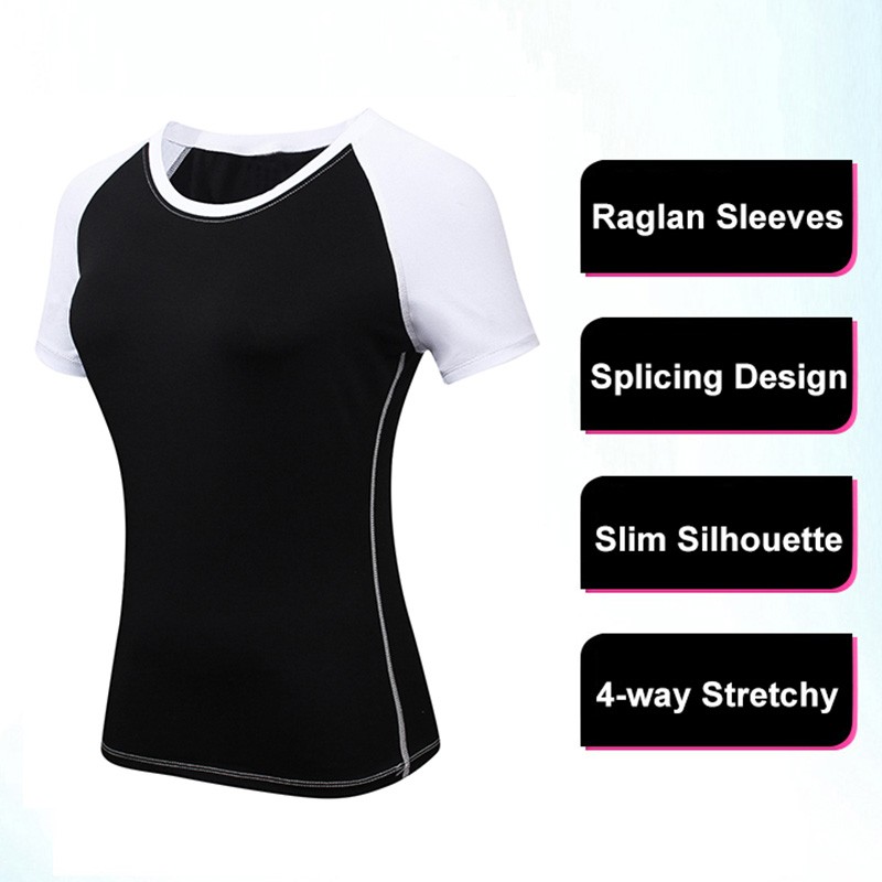 Women Workout T-shirt Raglan Short Sleeves Splicing O Neck Quick Dry Running Performance Exercise Gym Baselayer Sport Shirts Casual Tops