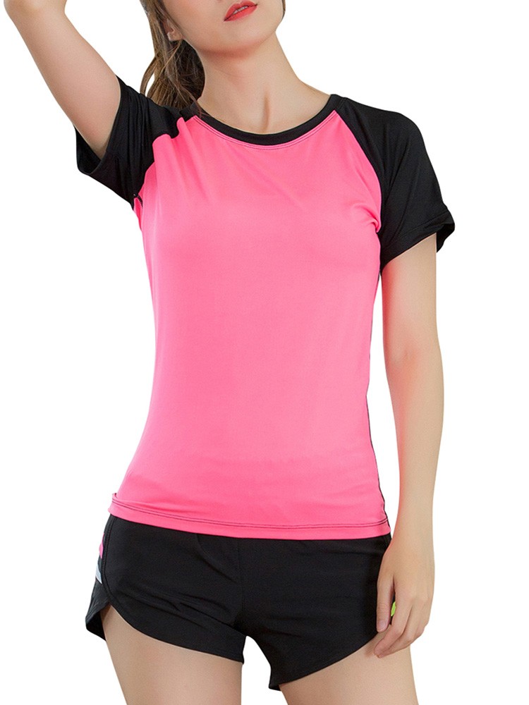 Women Workout T-shirt Raglan Short Sleeves Splicing O Neck Quick Dry Running Performance Exercise Gym Baselayer Sport Shirts Casual Tops