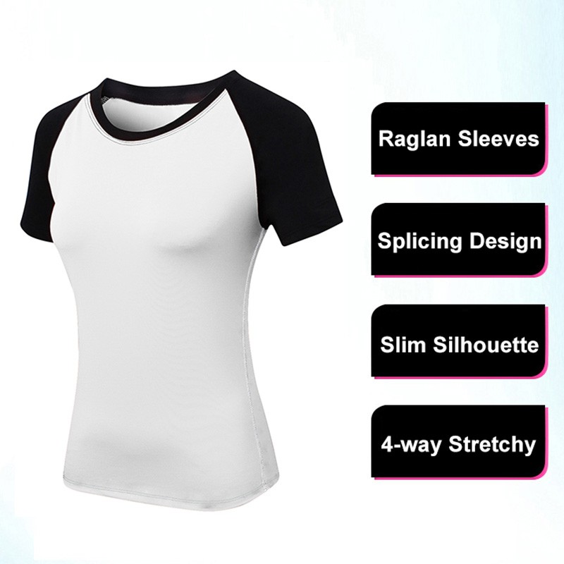 Women Workout T-shirt Raglan Short Sleeves Splicing O Neck Quick Dry Running Performance Exercise Gym Baselayer Sport Shirts Casual Tops