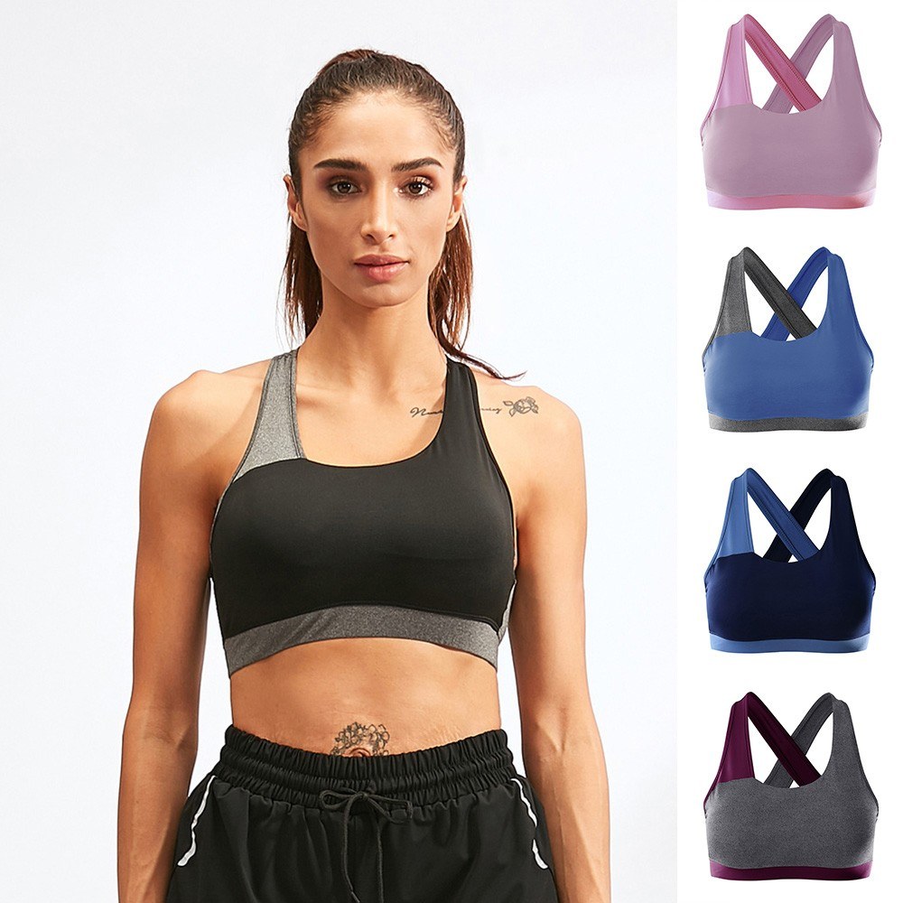 Women Sports Bra Padded Stretchable Quick Dry Breathable Cross-Back Spliced Yoga Fitness Gym Crop Bra Sportswear