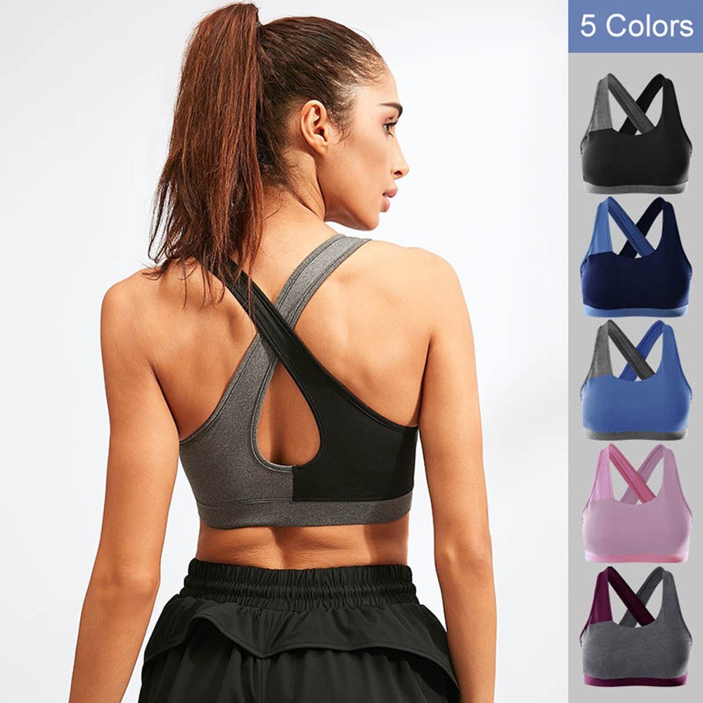 Women Sports Bra Padded Stretchable Quick Dry Breathable Cross-Back Spliced Yoga Fitness Gym Crop Bra Sportswear