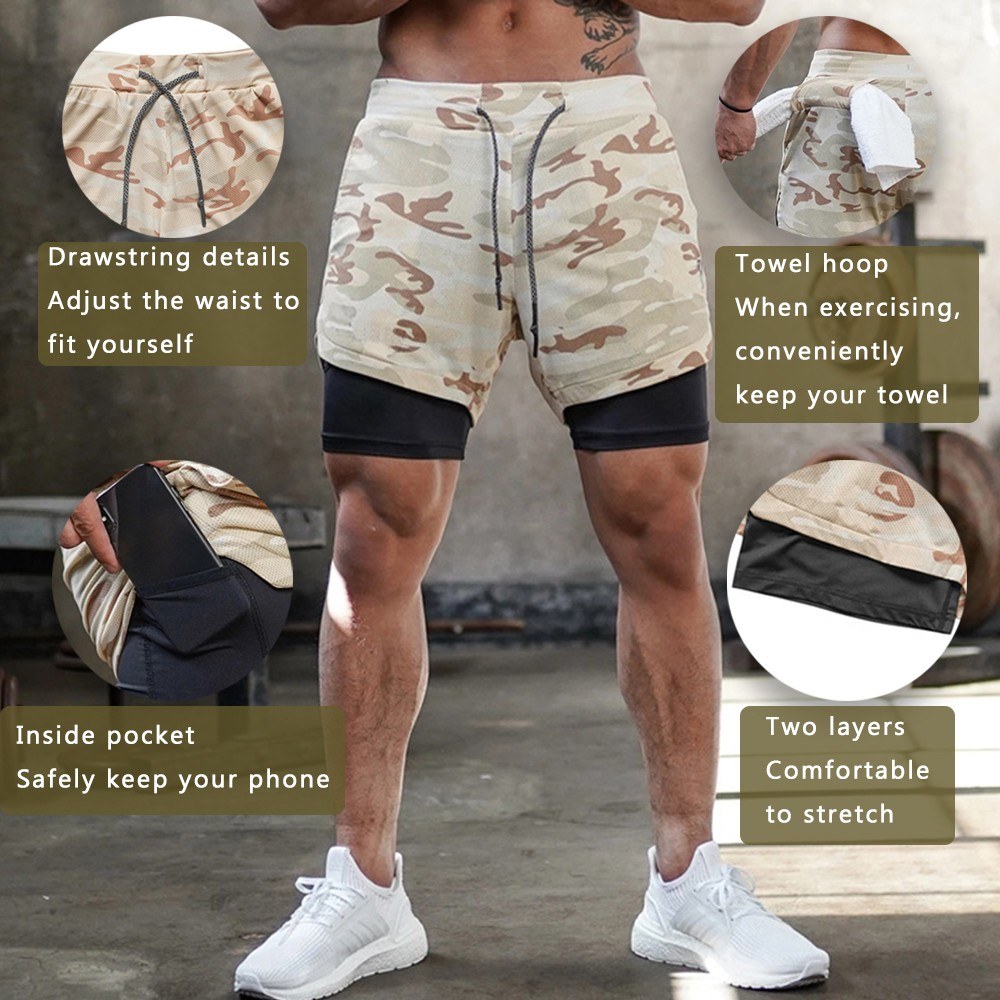 Men Sports Shorts Two Layer Pockets Towel Loop Drawstring Workout Running Gym Pants