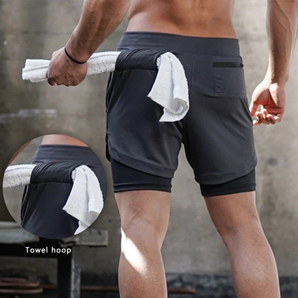 Men Sports Shorts Two Layer Pockets Towel Loop Drawstring Workout Running Gym Pants